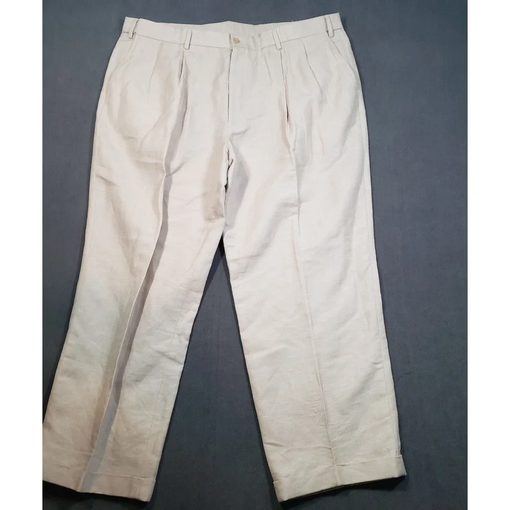Concepts by Claiborne Pleated Pants Mens 44/30 Beige Linen Cotton Herringbone